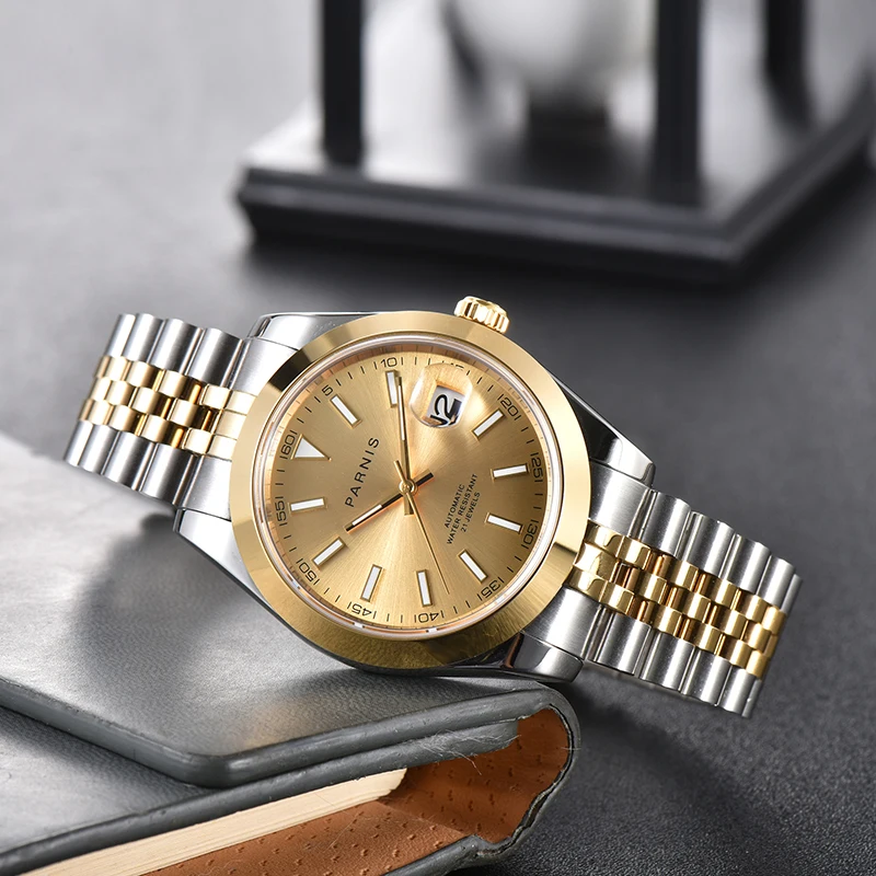 Imagem -02 - Moda Parnis 39.5 mm Mostrador de Ouro Automático Relógios Mecânicos Masculinos Calendário Relógio de Vidro de Safira Relógio Masculino Pulseira de Aço Inoxidável