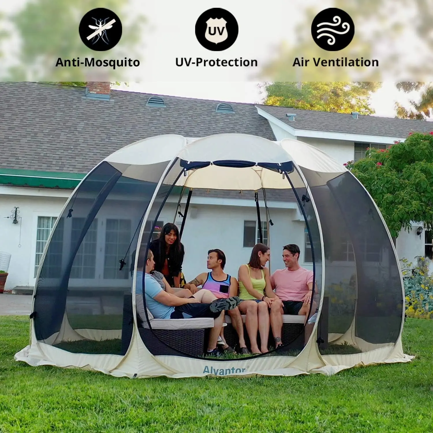 Screen House Room Camping Tent Outdoor Canopy Pop Up Sun Shade Shelter 8 Mesh Walls Not Waterproof Beige 12'x12' Patent Pending