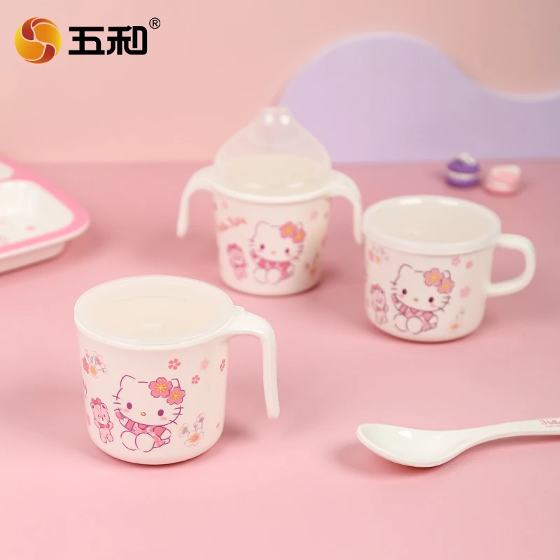 زهر الكرز مرحبا كيتي أدوات مائدة للأطفال لطيف الكرتون الطعام لوحة BPA الحرة الاطفال كوب ماء السلطانية مقسمة لوحات ملاعق هدية #5