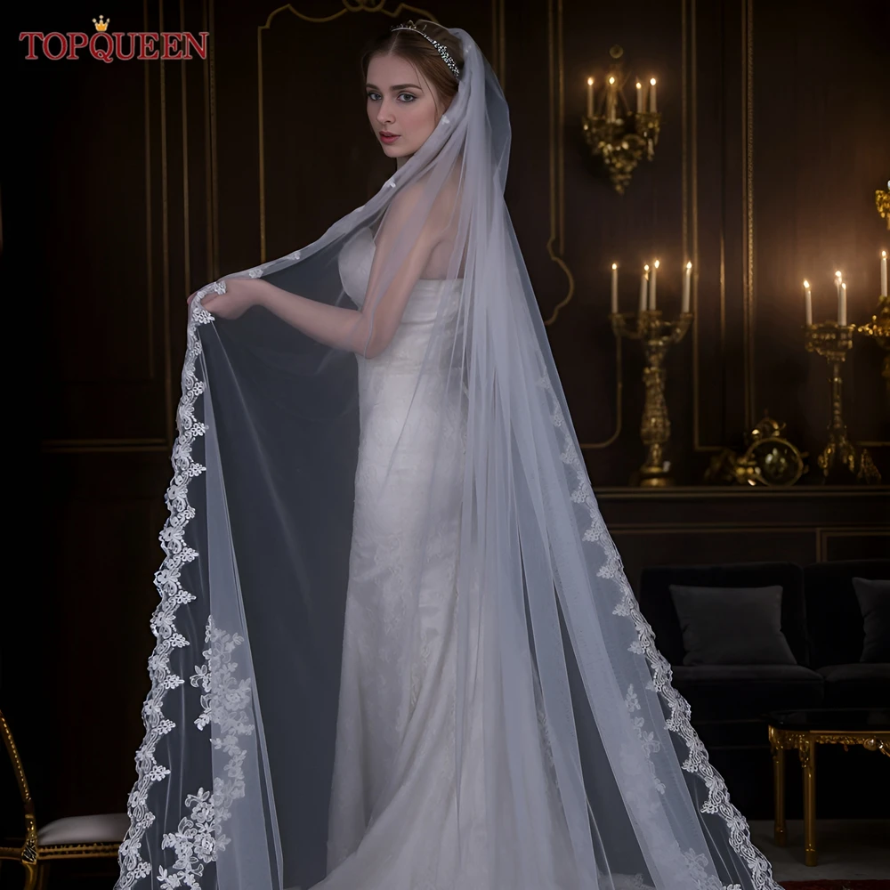 TOPQUEEN V110 3M Bridal Veil Lace Edge Wedding Veils for Women Scalloped Alencon Floral French Lace Trim Amanda Novias 1 Tier