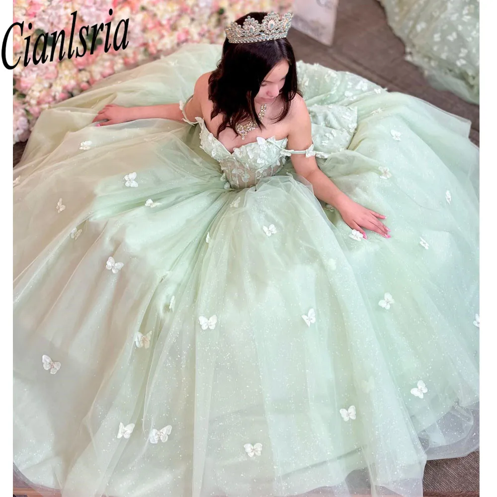 Vestido verde menta De princesa para quinceañera, traje De baile con hombros descubiertos, apliques dorados, corsé dulce, 15 Años