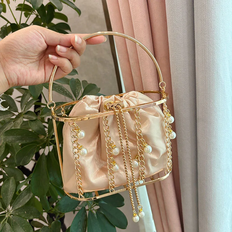 

Банкетная корзина для овощей ручной работы с жемчужной бахромой, сумка в виде птичьей клетки, ведро, ручная сумка-мессенджер