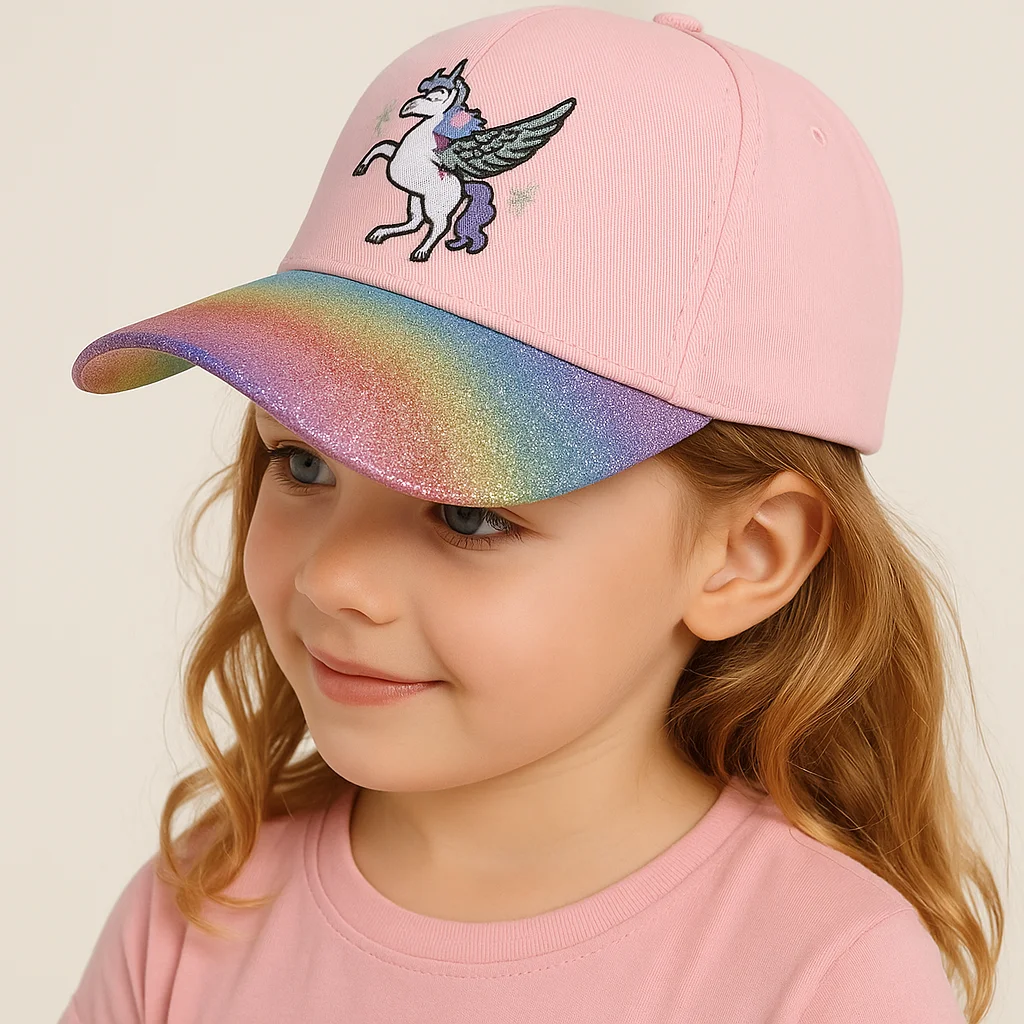 

Kids Girls Pink Cotton Baseball Cap Unicorn Rainbow Embroidery Sun Hat