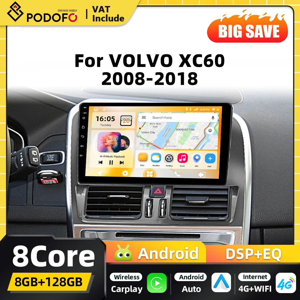 Lecteur multimédia automobile Android Podofo 8 cœurs 2din pour VOLVO XC60 2008-2018, navigation GPS, Carplay, Android Auto, WIFI, DSP, FM, RDS, Bluetooth