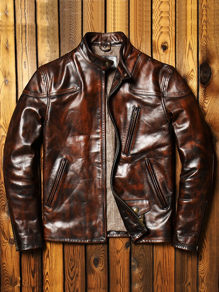 

2025, роскошная ретро мотоциклетная куртка Pippi, мужская тонкая кожаная куртка чайного сердечника из конской кожи