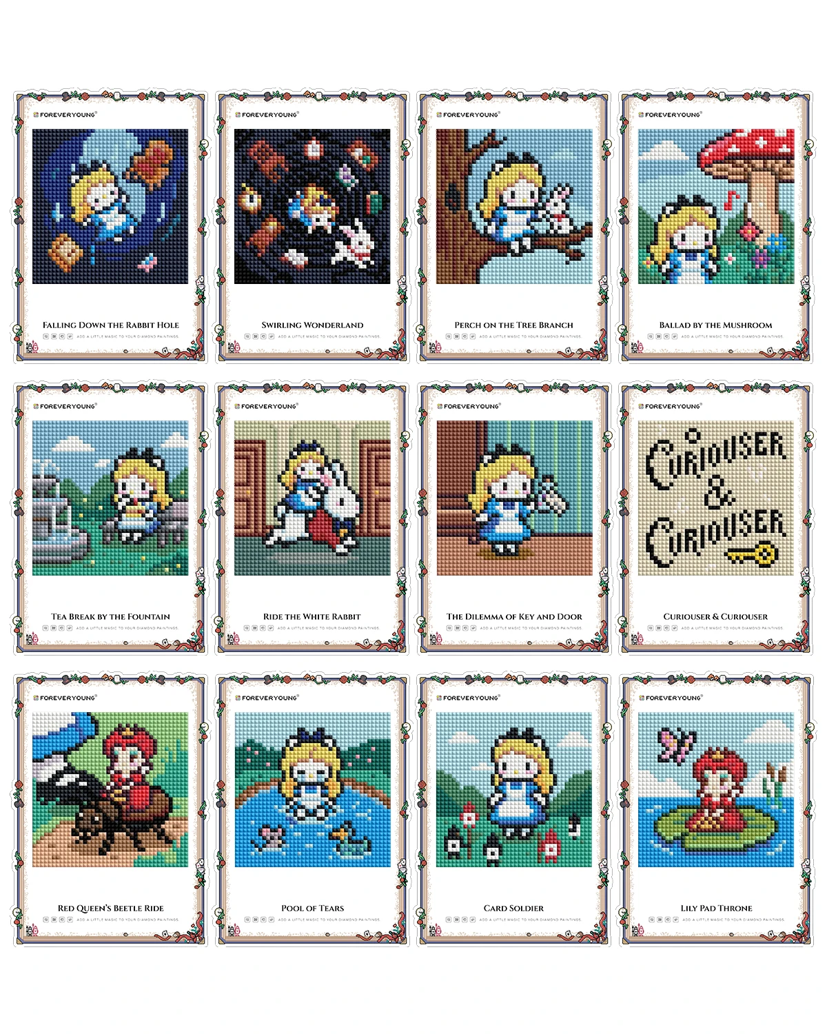ForeverYoung Minigem Kitty im Wunderland 12-teiliges Diamantmalerei-Karten-Set Quadratische AB-Drill-Diamanten DIY Postkarte mit Display-Ständer Bastelset
