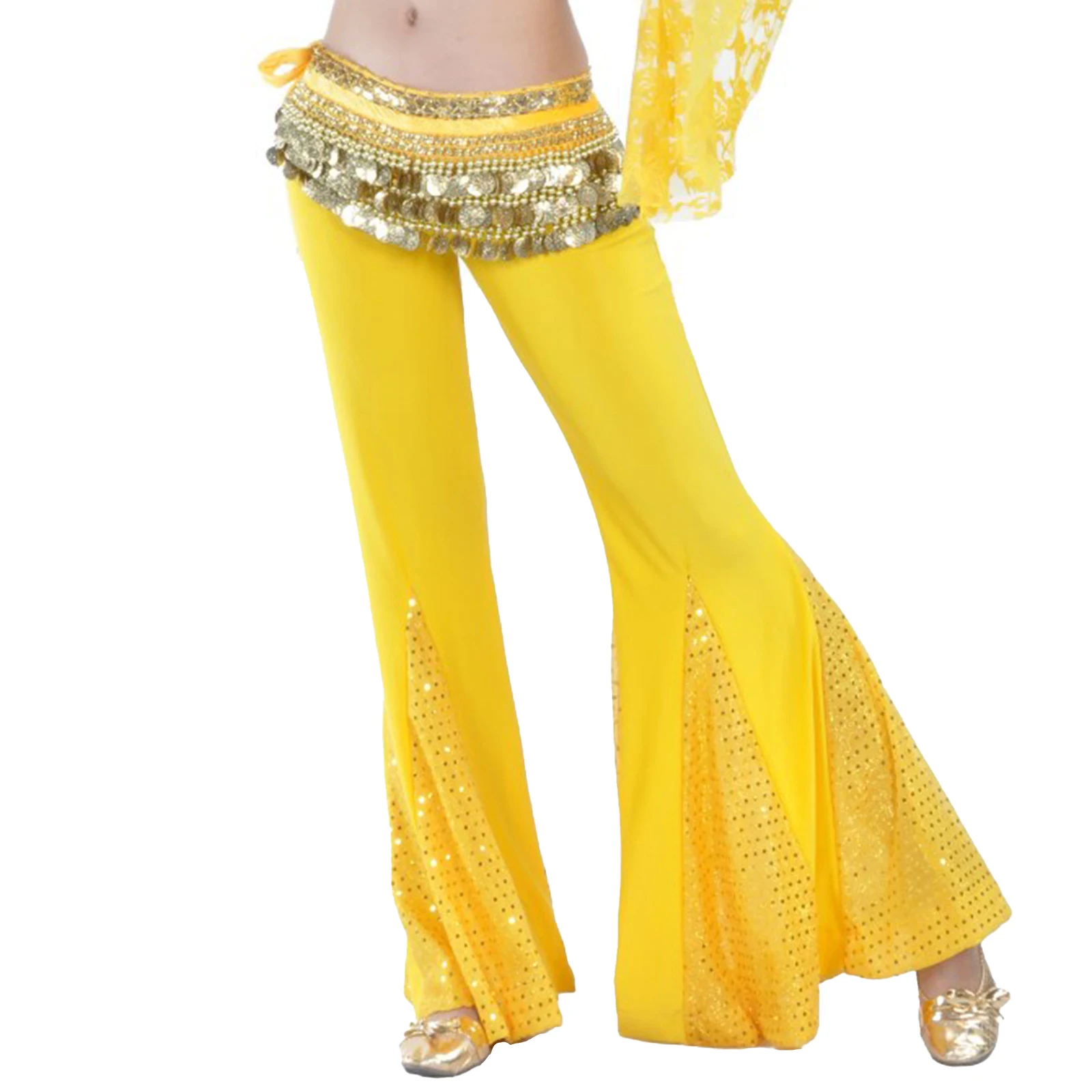 

Womens Sparkling Sequins Fishtail Pants Low Rise Bell-Bottoms Flared Trousers for Belly Dance Practice Stage Performance