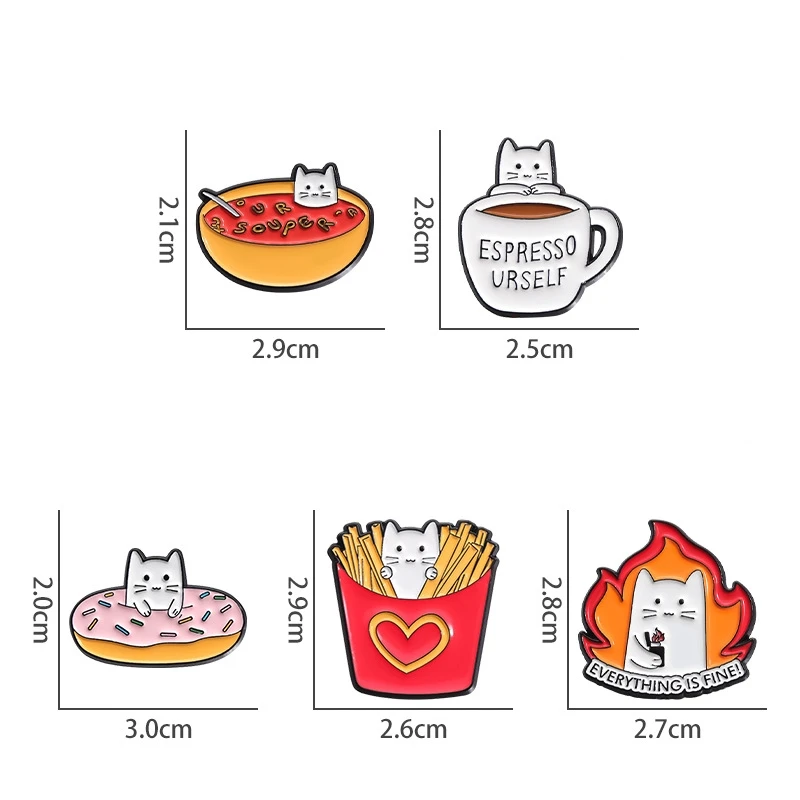 Cute Cartoon Food Cat Enamel Brooch Creative Animal Espresso Urself Fries Donut Kitten Lapel Pin Badge Gift For Kid Friend