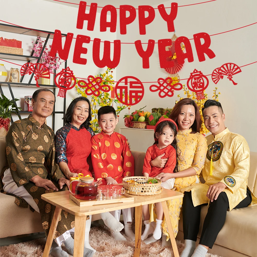 Chinese New Year Banner 2025 Spring Festival Red Hanging Garland Bunting Lunar Chinese Spring Festival Party Home Decorations