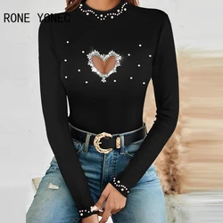 Women Beading Heart Hollow Out Basic Half High Neck Sexy Skinny Black Blouse Tops