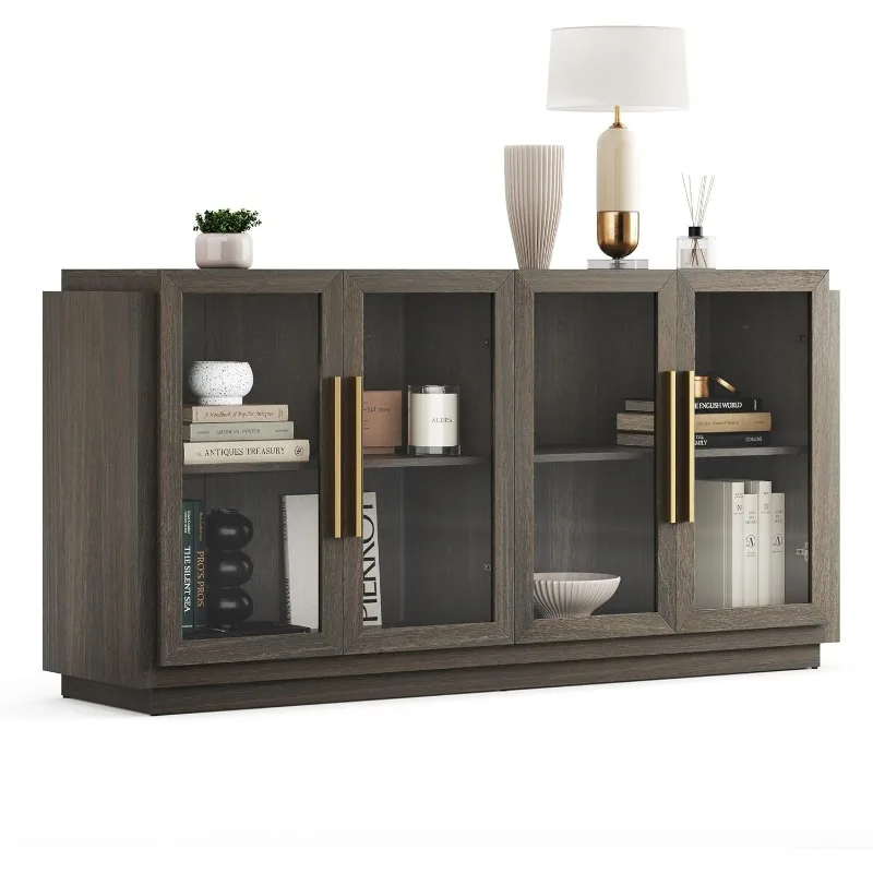 Sideboard Buffet Cabinet, Modern Wood Glass-Buffet-Sideboard with Storage, Console Table for Kitchen, Dining Room, Living Room