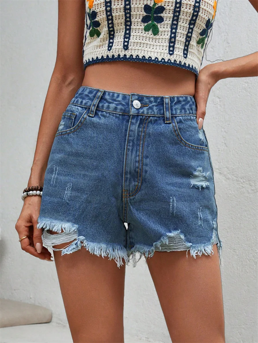 

Benuynffy Casual Frayed Hem Ripped Jean Shorts Women's Summer 2024 Fashion Vintage Pockets High Waist Denim Shorts Streetwear