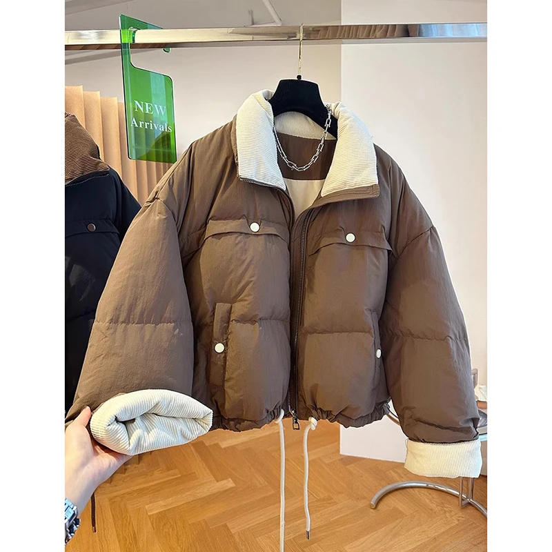 

2023 New Korean Edition Loose Cotton-padded Coat Contrast Color Design Standing CollarFor Women's Winter Thick Bread Jacket