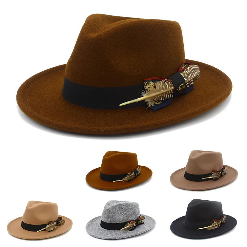 

Trendy Fedora Hats Men Women Casual Vintage Caps Bowknot Feather Belt Jazz Cap Britain Derby Luxury Hat mens Trilby Felt Caps