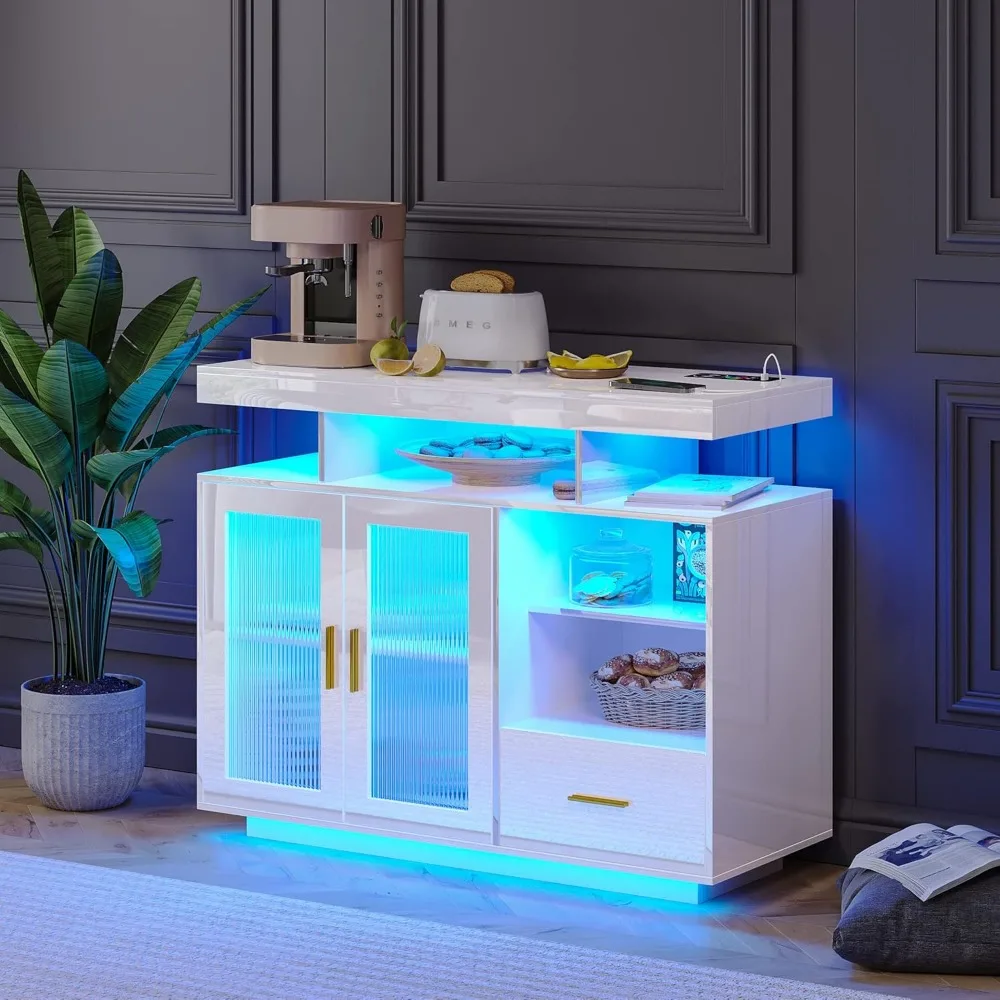 

LED Sideboard Cabinet with Charging Station & Motion Sensor Light, Acrylic Panel High Glossy Cupboard, 39.4" Coffee Cabinet