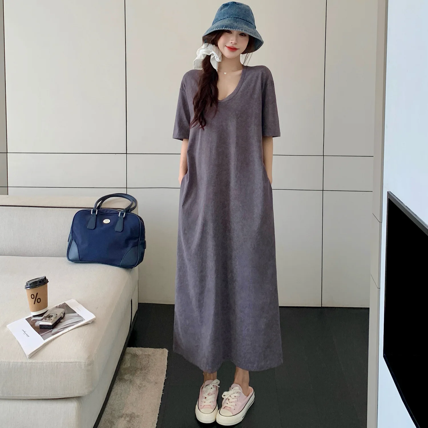 Oversized Women's Causal Dress Summer Loose U-Neck Long Dresses Robe Elbise Short Sleeve T-Shirt Korean Style Midi Dresses