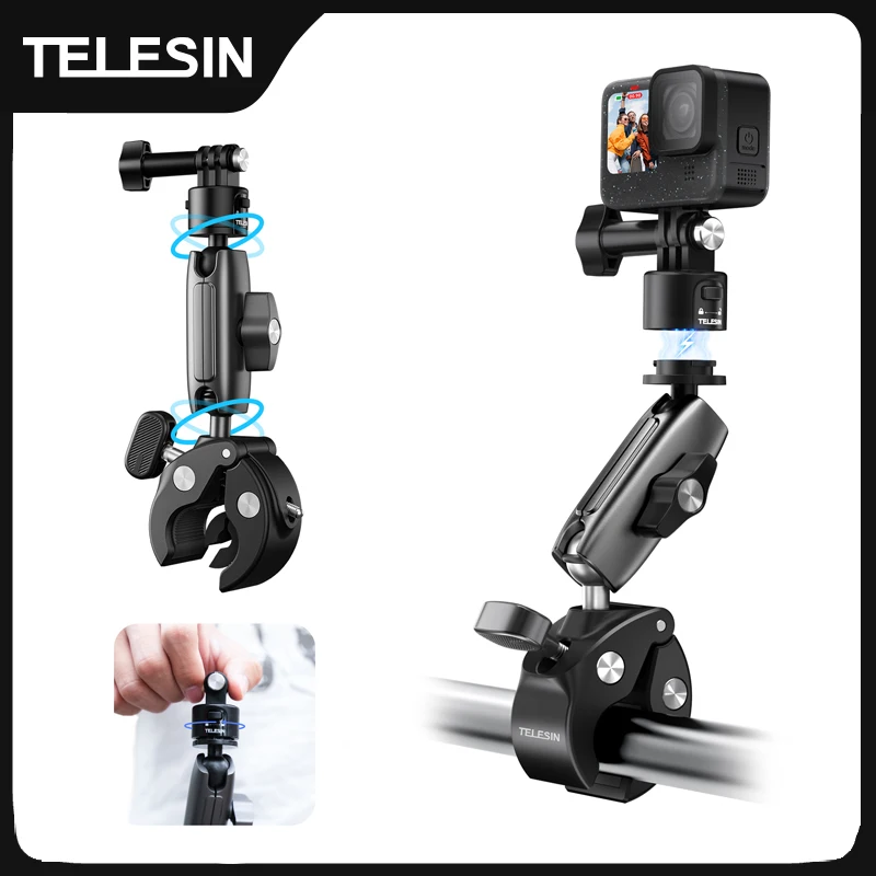 TELESIN Cycling Motorcycle Clip Quick Release Magic Arm 360° Aluminum Alloy Super Clamp For insta360 X4 ACE GoPro Action Camera