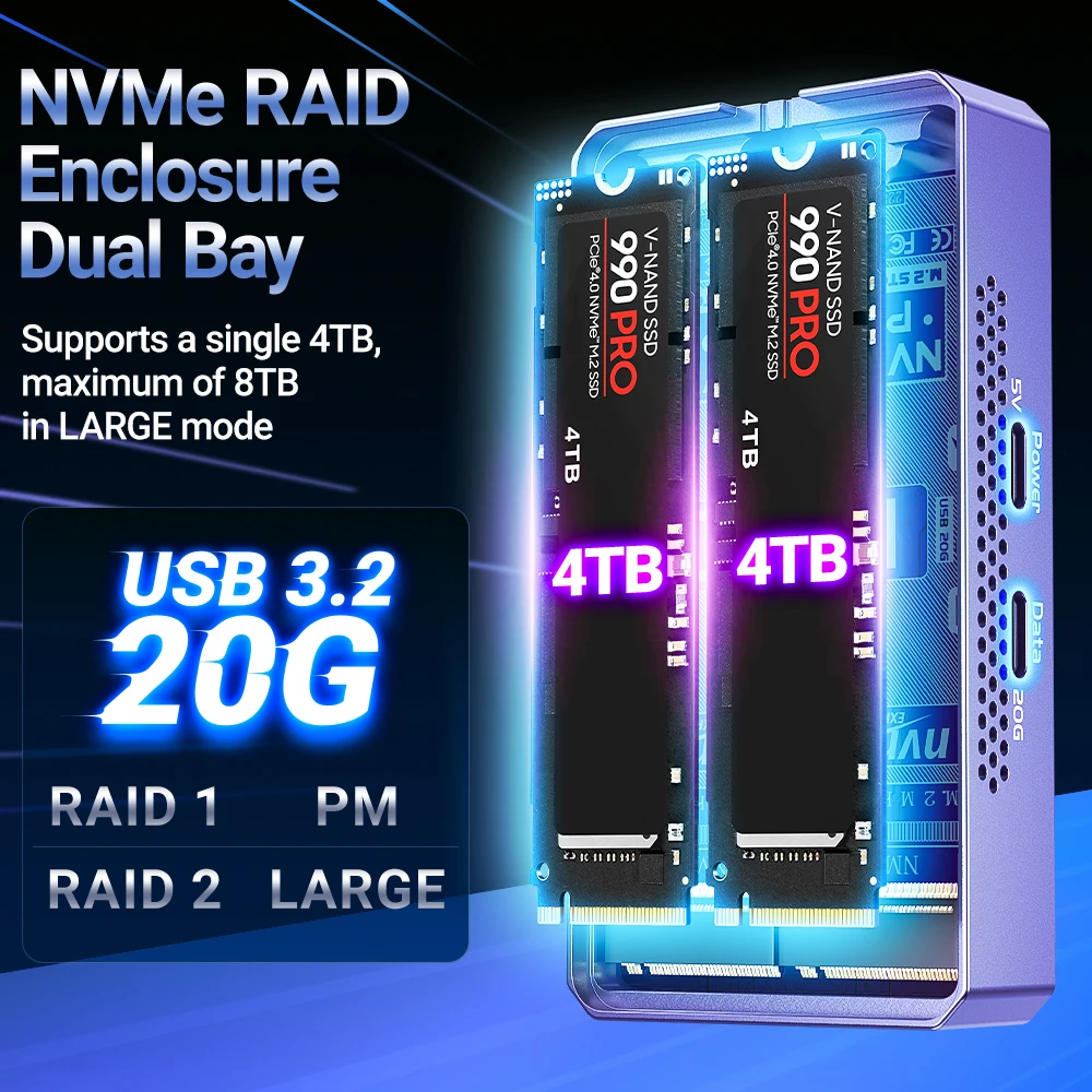 Imagem -03 - Jeyi-dual Nvme Enclosure Bay Hardware Raid Enclosure Velocidade de Transmissão 20gbps Ssd Case Suporte Raid0 Raid1 Grande Jbod