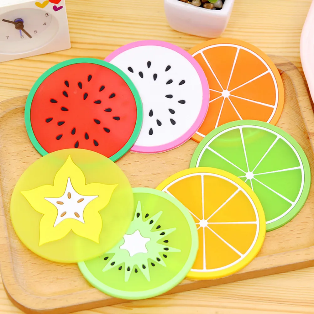 5Pcs 8.8cm Fruit Theme Silicone Coasters Round Non-Slip Heat Resistant Cup Protectors Absorb Moisture No Stains Table Safe