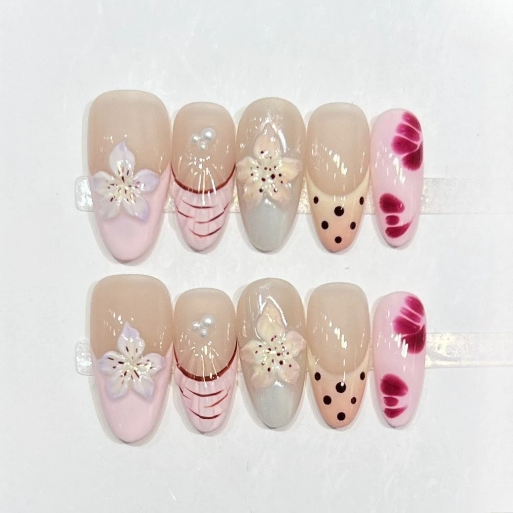 

10Pcs Vintage Floral Press on Nails Almond Fake Nails Full Cover Pearl Bowknot False Nails French Polka Dot Line Handmade Nail