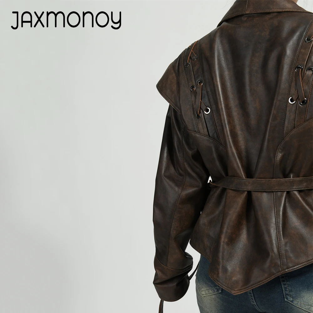 Jaxmonoy-Veste en cuir véritable pour femme, manteau en peau de mouton vintage, ceinture élégante, mince, dames, Y2K, printemps, automne, 2024