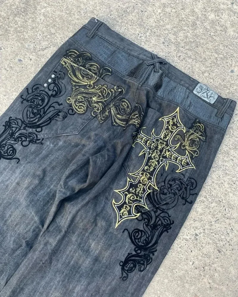 American Retro Gothic Cross Stickerei Mode Baggy gewaschene Jeans für Männer und Frauen y2k neue Harajuku Hip-Hop Rock breite Hose