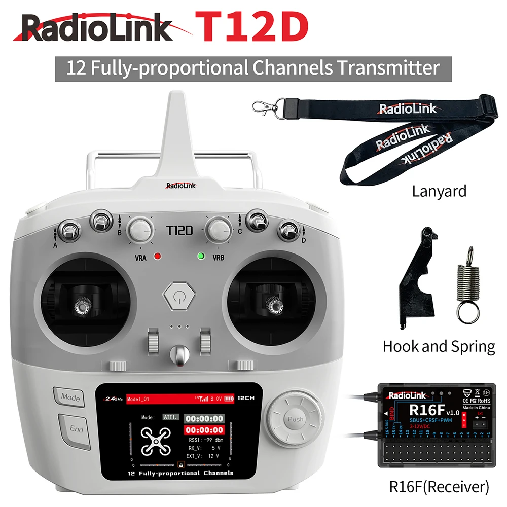 Радиоуправляемый передатчик RadioLink T12D, 12 каналов, 2,4 ггц, с приемником R16F