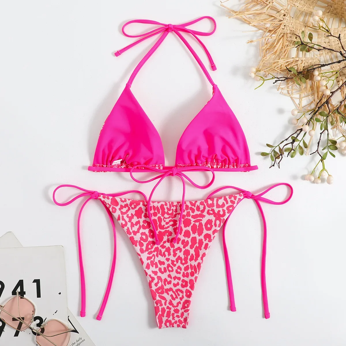 sexy string bikini con stampa leopardata set costume da bagno halter cravatta perizoma costume da bagno costumi da bagno Biquini conjunto de bikini tankini beachwear