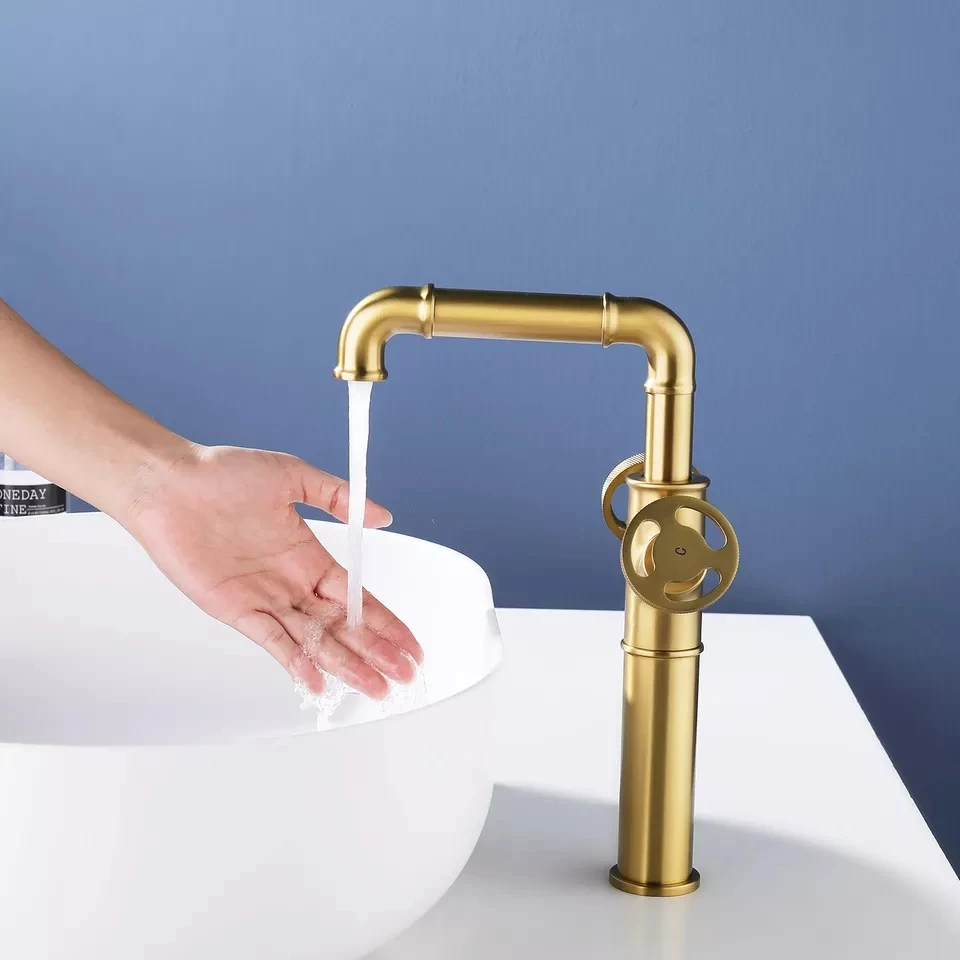 High Quality Brass Industrial Pipe Bathroom Vessel Sink Faucet,1-Hole 2-Handle Solid copper Bathroom Sink Faucet,Brushed gold