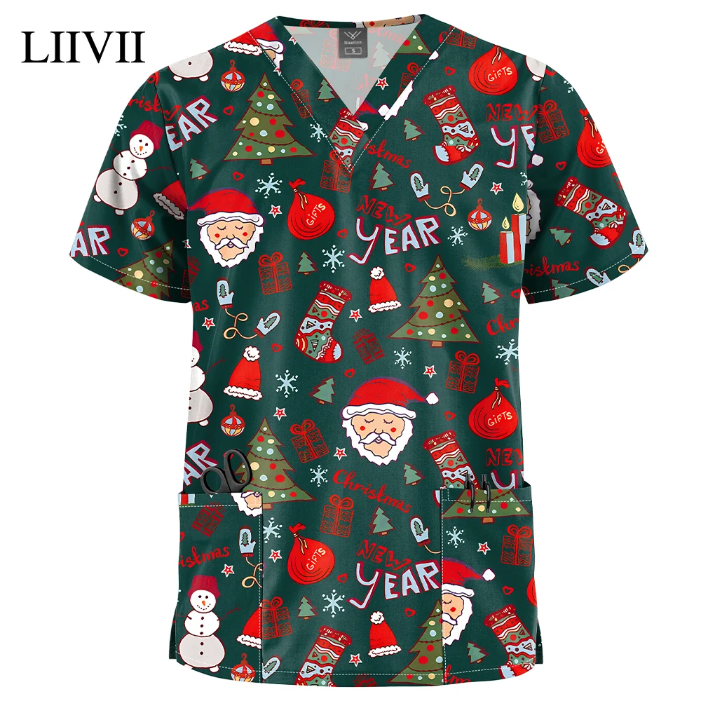 Surgical Uniforms Holidays Christmas Prints Style Pocket Design Surgical Costume Woman V-Neck Short Sleeve Nurse Medical Uniform