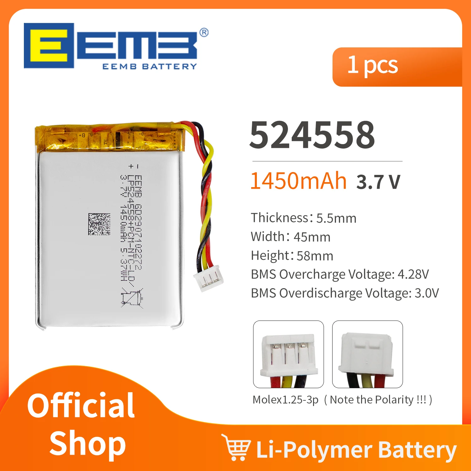 EEMB 524558 3.7V Battery 1550mAh Rechargeable Lithium Polymer Battery Pack For Dashcam,Flashlight,Bluetooth Speaker, GPS,Camera