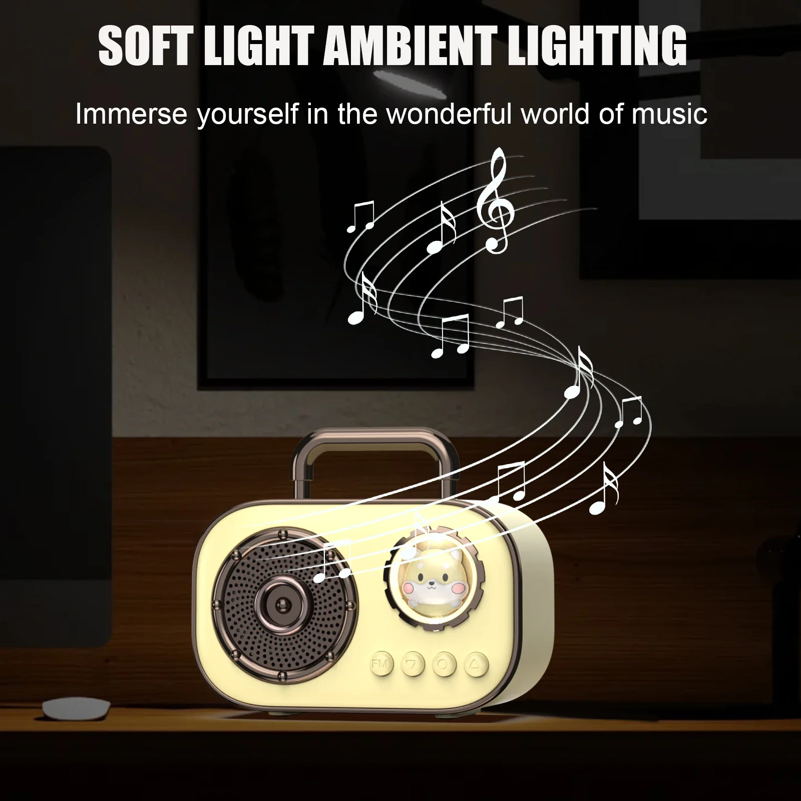 Speaker Bluetooth Mini lucu, Hifi Retro Bluetooth 5.3 Subwoofer kotak suara dengan Radio FM lampu suasana mendukung kartu TF USB AUX