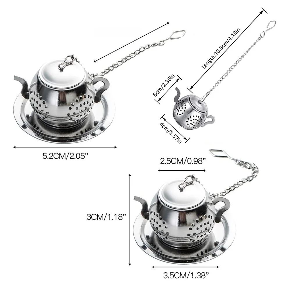 304 Stainless Steel Tea Strainer Teapot Style with Base Dish Fine Hole Filter and Detachable Hook for Convenient Use