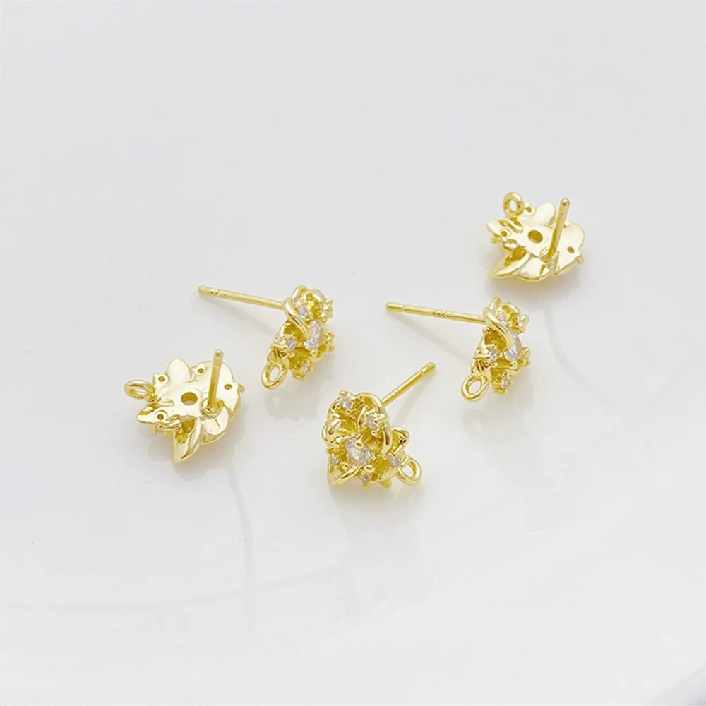 14K Color Gold Zircon Small Flower with Hanging Ring Stud Earrings Handmade DIY Homemade Earrings Material Accessories E071