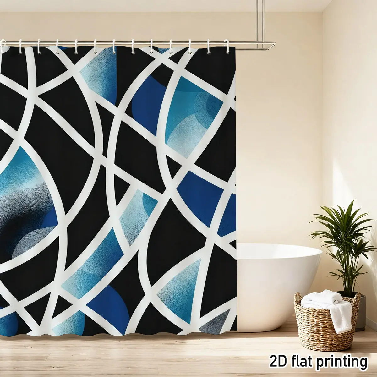 Abstract Geometric Shower Curtain – Blue, Black & White Interlocking Lines, 2D Flat Print, Polyester, 12 Hooks, Water-Resistant