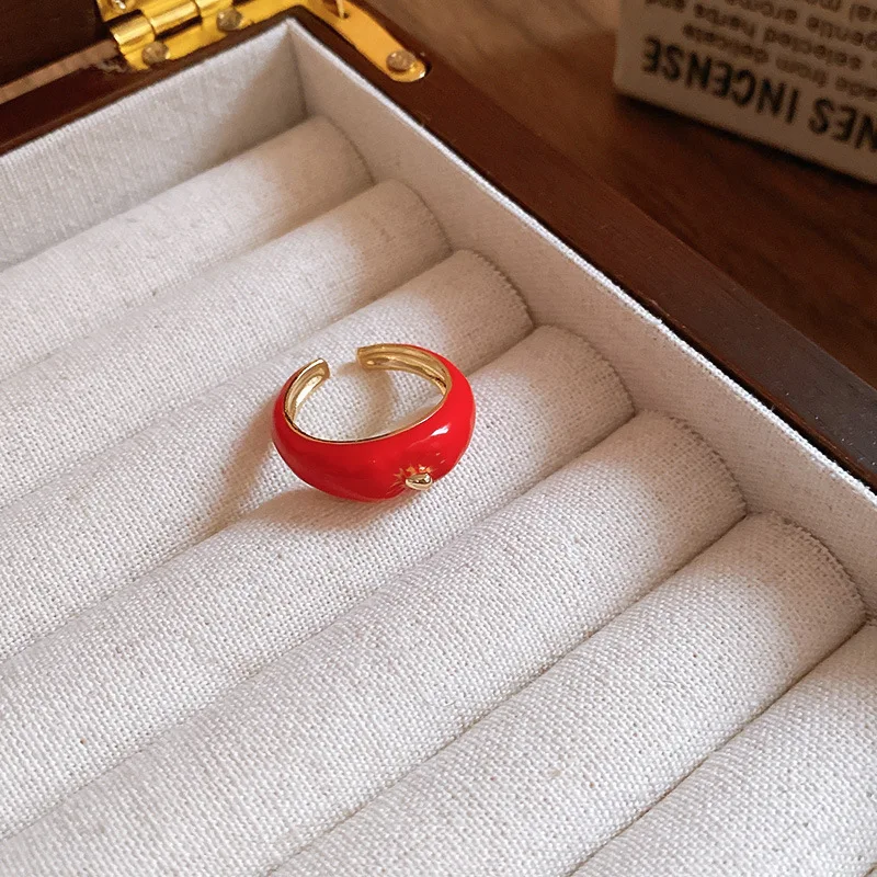 Minar Kawail Multiple Red Enamel CZ Zircon Faux Pearl Apple Fruit Adjustable Open Cocktail Ring for Women 14K Gold Plated Copper
