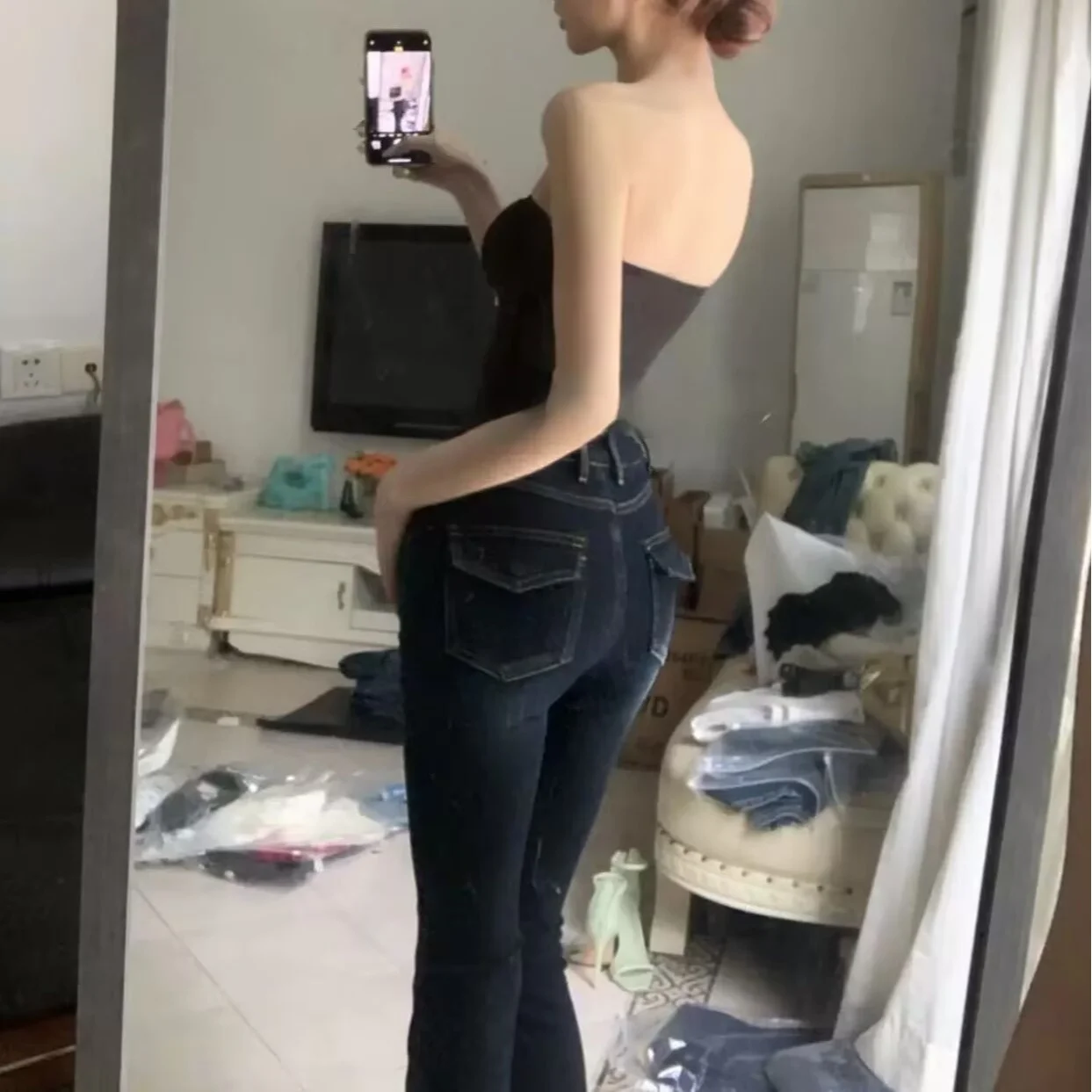 กางเกงยีนส์ทรงบานเอววีสีน้ำเงิน สำหรับผู้หญิงไซส์พลัส ช่วยยกสะโพก ผ้าฝ้ายผสมยืด ซิปหน้า สวมใส่สบายทุกฤดู