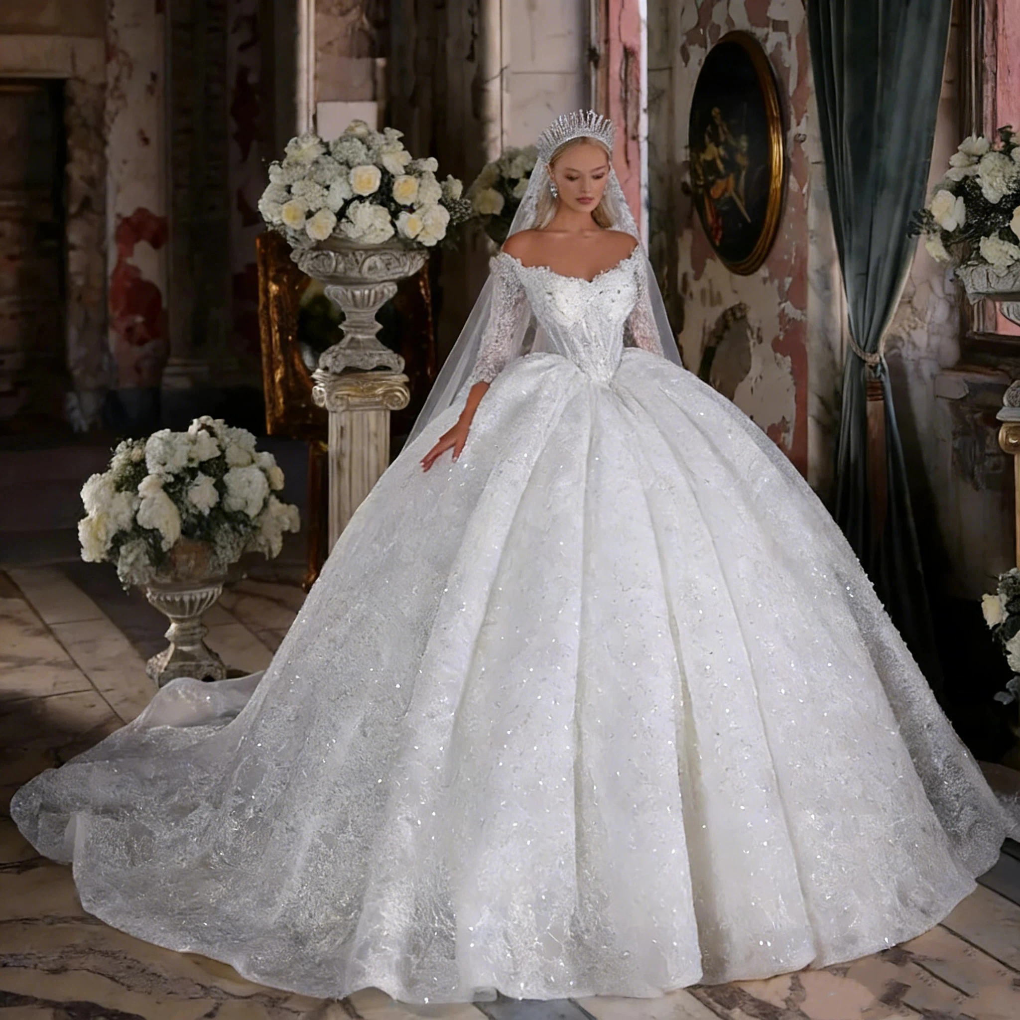 

Luxurious A-Line Lace Bead Decoration Women's Wedding Dress Sexy V-Neck Seven Quarter Sleeve Ballroom Bride Dress Customized