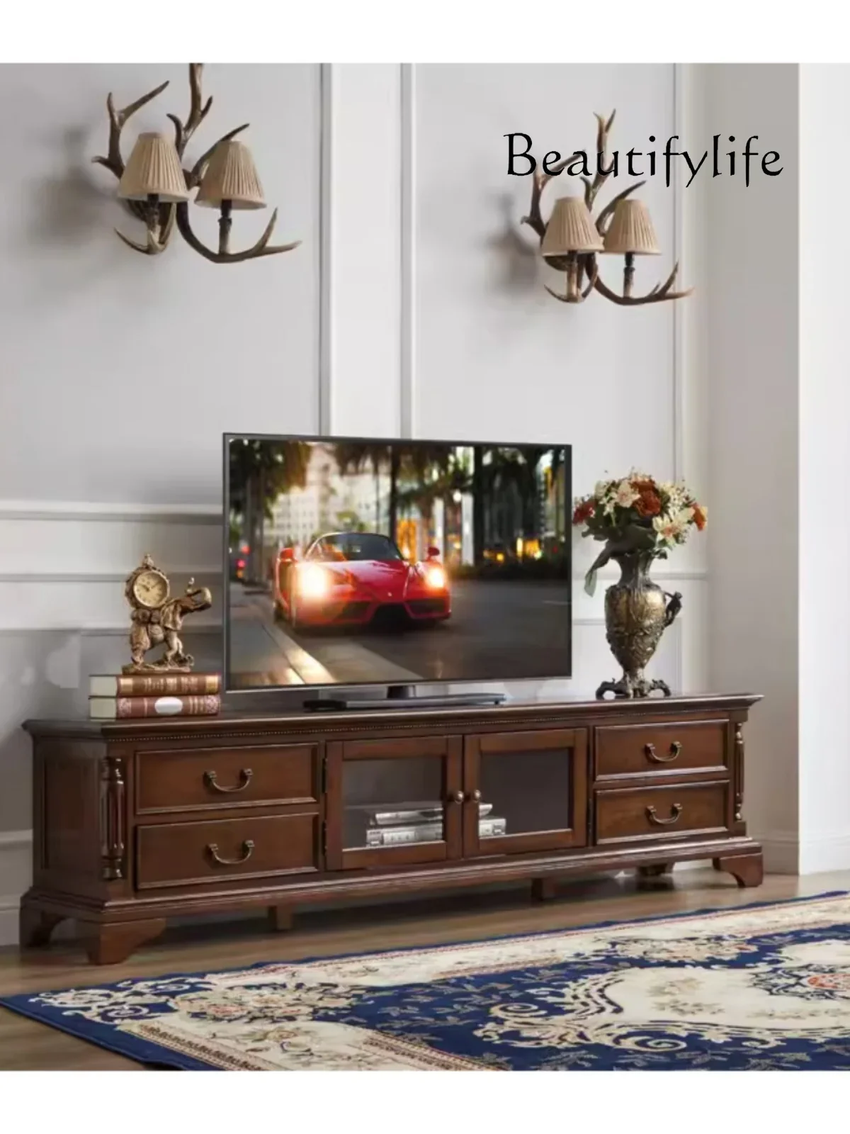 

American-Style Solid Wood TV European-Style Storage Floor Cabinet Coffee Table Small Apartment Type Living Room Low Cabinet