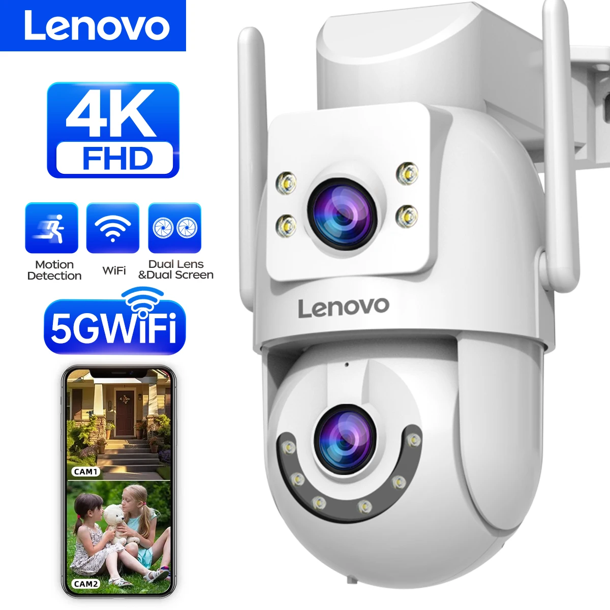 Lenovo 4K  HD PTZ IP Camera 5G Wifi Smart Home Outdoor Dual Lens Auto Tracking Audio Video Surveillance Security CCTV Camera