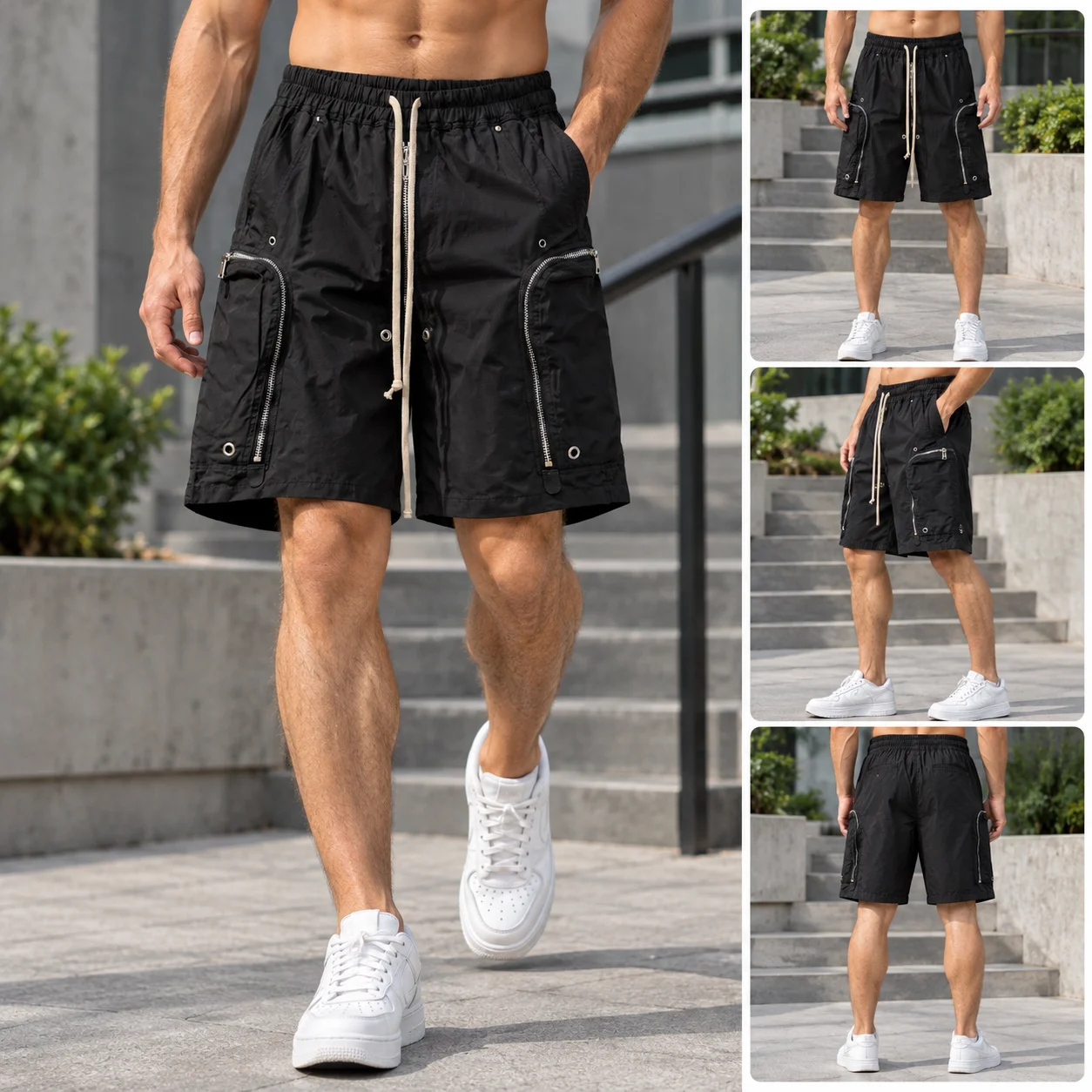 Men Techwear Cargo Shorts Multi Zipper Pockets Elastic Waist Drawstring Streetwear Casual Outdoor Men's Sport Shorts