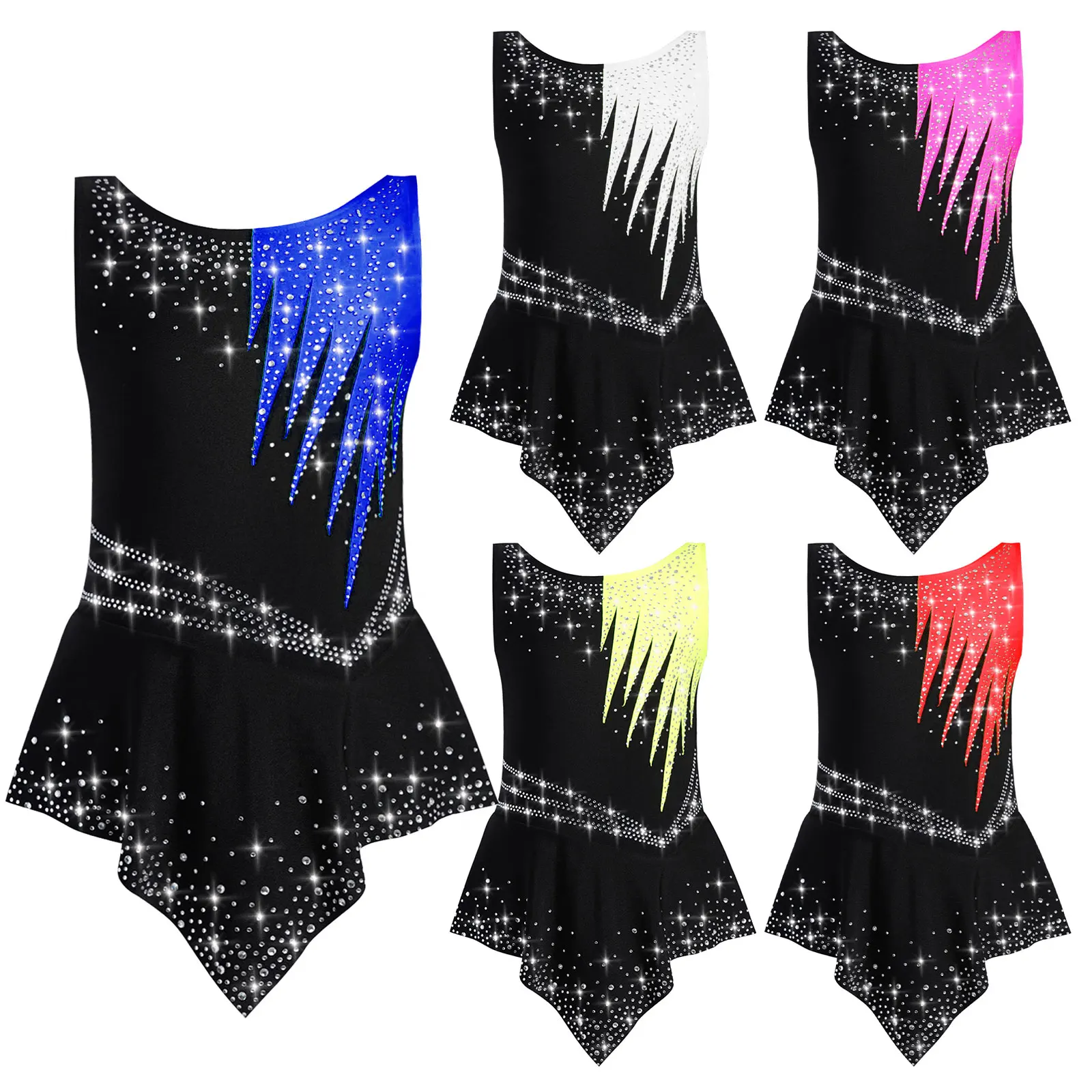 Girls Rhinestones Contrast Color Rhythmic Gymnastics Leotard Dress Figure Skating Ballet Dance Acrobatics Performance Costume
