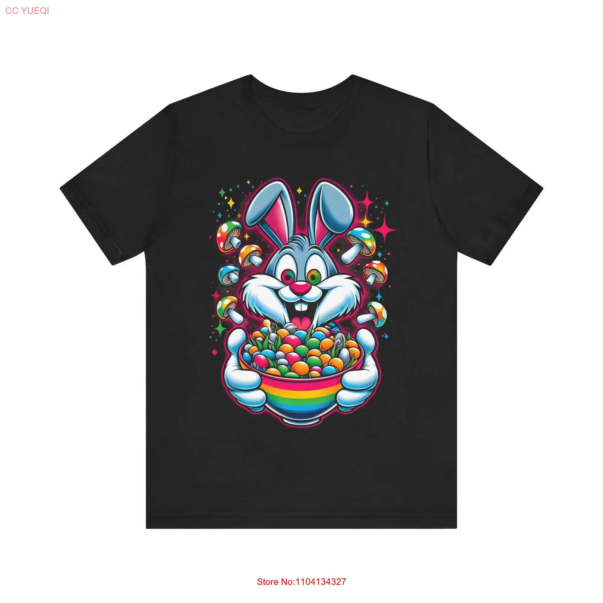 Whimsical Rabbit with Psychedelic Mushrooms Fun Party T Shirt Trix Trippy Mushroom Lover long or short sleeves