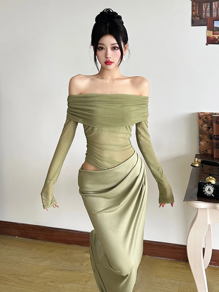 กระโปรงหนัง PU ปักลายดอกไม้ ดีไซน์เก๋ไก๋ ทรงเข้ารูป ช่วยพรางหุ่น  แบบไหล่เดียว จับจีบ  สำหรับผู้หญิง  เอวสูง  ยาว