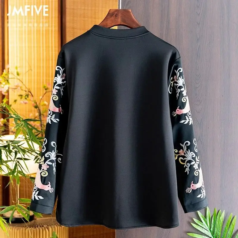 الأزهار المطرزة السترة المرأة طويلة الأكمام بلوزات فضفاضة غير رسمية النمط الصيني الرجعية مشبك القمم