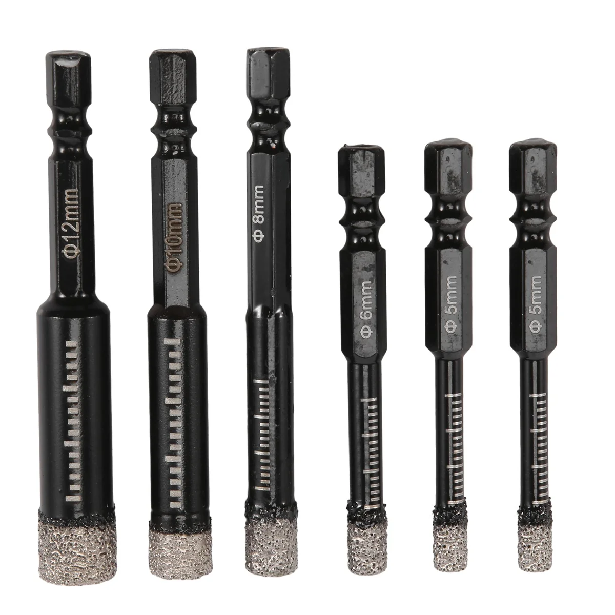 AT77 6Pc Black Dry Diamond Drill Bits Set for Granite Ceramic Marble Tile Stone Glass Hard Materials 5/6/8/10/12mm