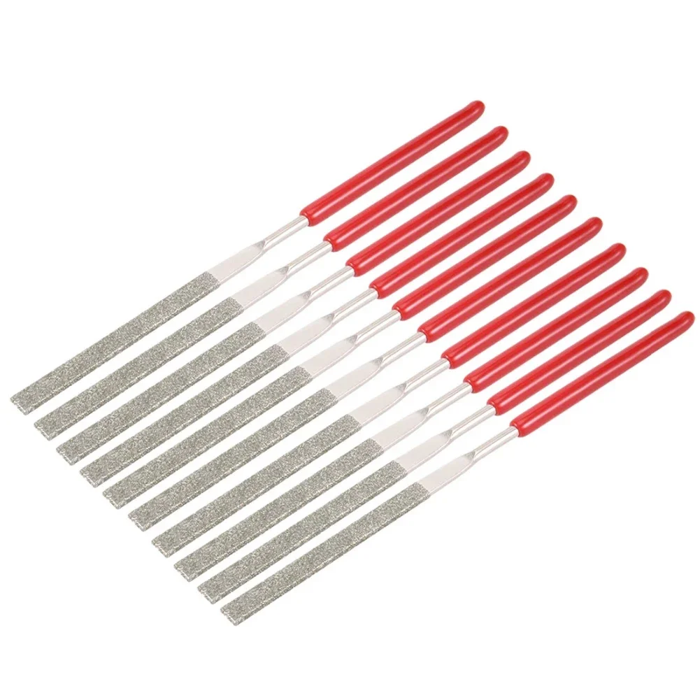 10Pcs Diamond Mini Needle Files Set Great For Deburring Fine Grinding 3×140mm Small File With Red Handle Workshop Hand Tool Set