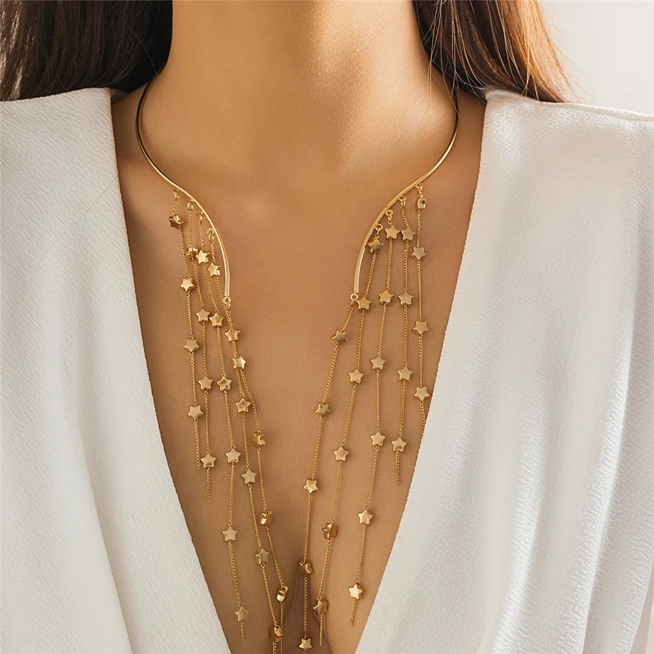 Sexy Goth Lange Quaste Stern Kristall Pailletten Anhänger Offene Drehmomente Choker Halskette für Frauen Vintage Brust Kette Mi Zubehör Neue