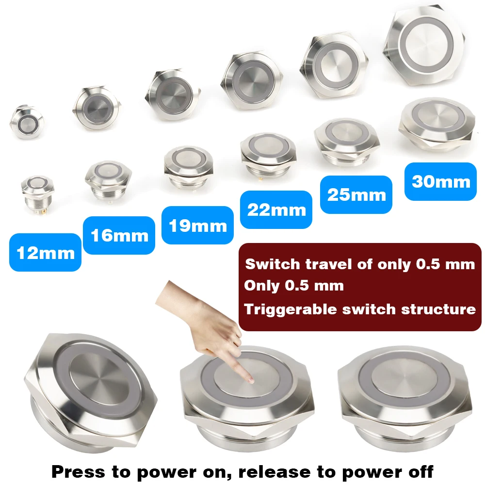 12/16/19/22/25/30mm Short Stroke Mini Waterproof Metal Push Button Switch Power Led Light Momentary 5/12/24V Black 1NO Red Green