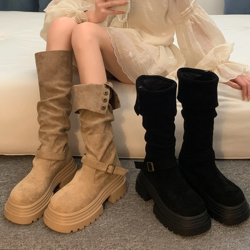

Женские высокие сапоги рыцаря на платформе, увеличивающие рост, длинные ботильоны в стиле панк на толстом каблуке, осень-зима, двусторонняя женская обувь
